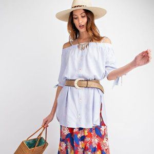 Easel Blue Off Shoulder Button Down Tunic S NWT